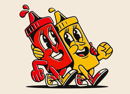 Ketchup and Mustard retro Mascots