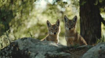 Naklejka premium Two coyote pups peek from behind a rocky outcropping in a forest. Wildlife, conservation, and natural beauty themes find great value here.
