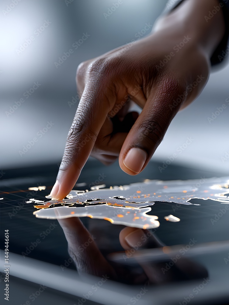 Poster a financial advisor's hand highlighting data on a tablet screen, emphasizing wealth management and s