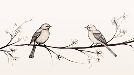 Two birds perched peacefully on a delicate, blossoming branch, facing each other in quiet contemplation