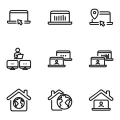 Remote Work Line Icons . Freelancer Work from Home, Video Call, Online Meeting, Teleconference Vector Set