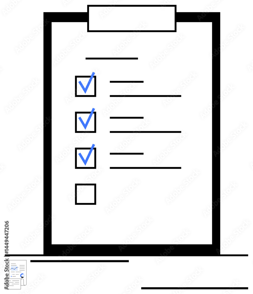 Poster minimalist checklist on a clipboard with three blue checkmarks and one empty checkbox. ideal for tas