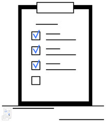 Minimalist checklist on a clipboard with three blue checkmarks and one empty checkbox. Ideal for task management, productivity, goals, organization, planning, workflow, achievements. Flat simple