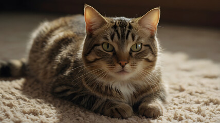 Naklejka premium Handsome tabby cat lying down on carpet next to his toy mouse