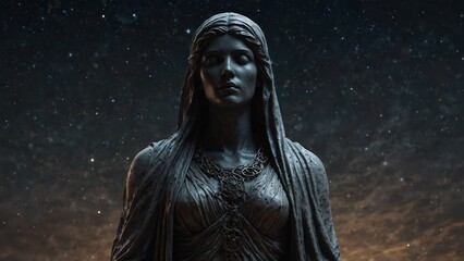 A statue of Clotheis, blindfolded by lunar veils, hearing only the whispers of stars