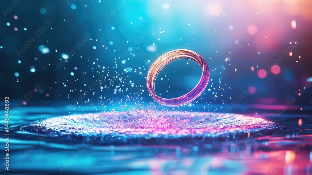 Poster high-tech liquid rings expanding dynamically on deep blue water, edges glowing softly, creating a fu