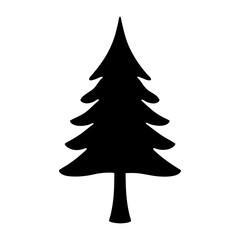 Solitary black pine tree silhouette on a white background for graphic design