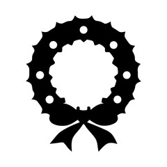 Black Silhouette of a Christmas Holly Wreath with Berries and a Ribbon