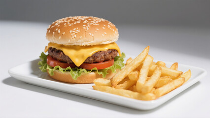 A sesame bun holds a beef hamburger with cheese, lettuce, and tomato, served as a fast food meal with isolated fries