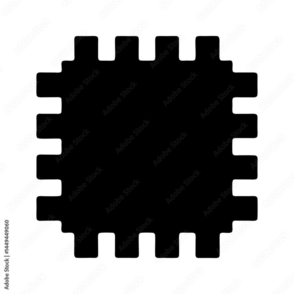Poster intricate black square with multiple rounded edge protrusions on a white background