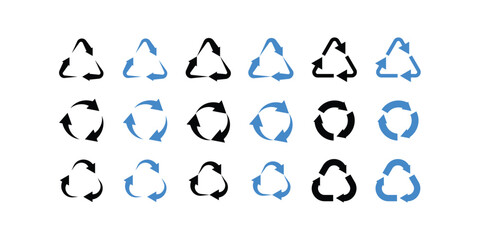 Recycling arrow icons in black and blue showing eco loops, rotation, and sustainability in vector style.