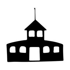 Silhouette drawing of a building with a peaked roof and windows