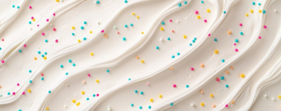 Close up of swirled white frosting with colorful sprinkles.