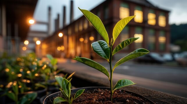 Peaceful young plant growing in urban setting at dusk