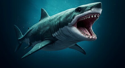 Shark with Open Mouth Swimming Underwater in Dark Blue Ocean
