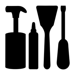 Silhouette of various hand tools arranged together on a white background