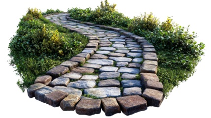 Winding stone path with greenery, landscaping element, cut out transparent