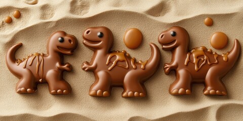 Obraz premium Three chocolate dinosaur treats on a sandy background.