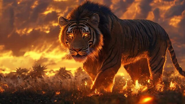 A colossal lion-tiger hybrid stands in the African savanna at sunset, its golden mane blending with bold black stripes. Eyes blazing yellow, its fur glows with orange, gold, and black, radiating power