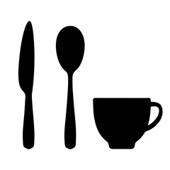 Silhouette of knife, spoon and tea cup set against a white background