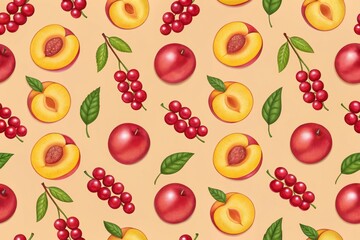 Obraz premium A Seamless Pattern of Peaches, Plums, and Red Currants