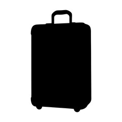Black silhouette of a rolling suitcase with a handle on a white background