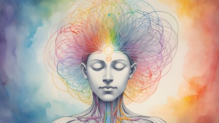 Obraz premium A person meditating while colorful neural pathways form a halo around the head