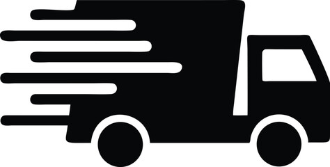 The monochrome delivery truck icon is moving quickly against a transparent background
