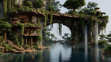 Idyllic house with bridges over serene waterfalls