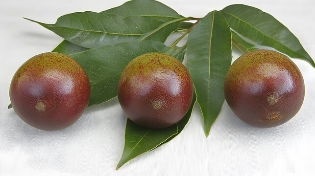 Three Reddish-Brown Fruits with Green Leaves Close Up Still Life