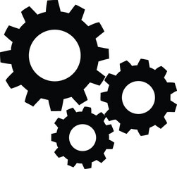 Three black gear wheels interact, creating a sense of connectivity on a transparent background