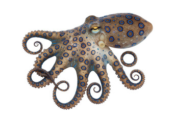 Obraz premium Blueringed octopus a venomous sea creature with mesmerizing patterns against a stark black backdrop