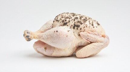 Obraz premium Raw whole chicken seasoned with black pepper, placed on a white background, ready for cooking or roasting.