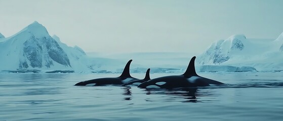 Fototapeta premium Orca whale family surfacing in calm Arctic waters