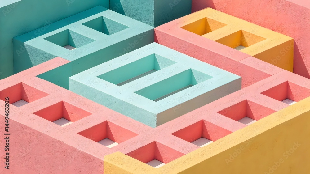 Poster geometric arrangement of pastel colored concrete blocks with square openings in a maze like pattern
