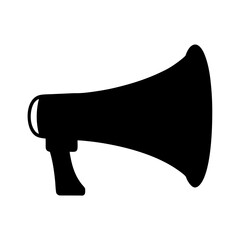Black silhouette illustration of a loudspeaker or megaphone on a white background