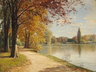 Autumnal park path by a lake
