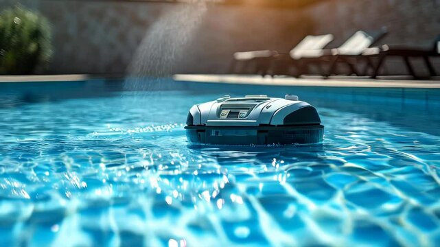 video of A robotic pool cleaner is cleaning the bottom of the swimming pool automatically