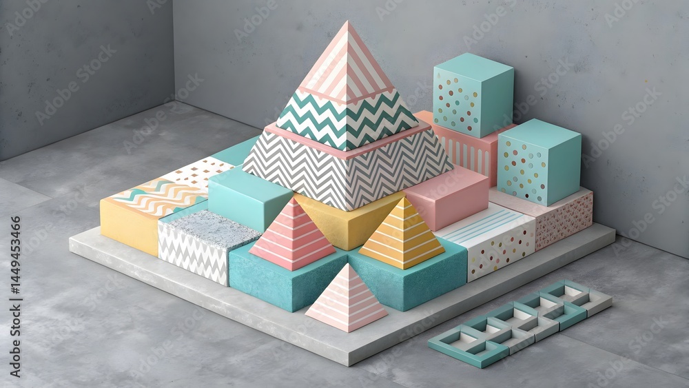 Poster geometric arrangement of patterned blocks and pyramids on a gray platform in a corner space