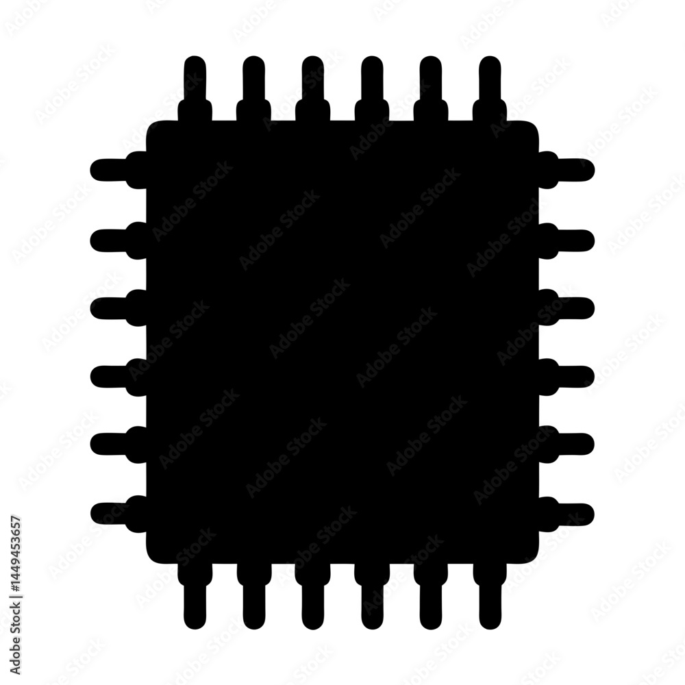 Poster black silhouette of a microchip with multiple pins on a white background