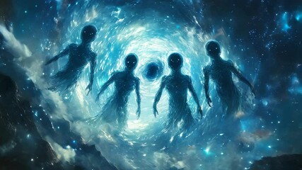 video of Galaxian aliens, celestial guardians with ever-shifting, starry bodies mirroring the cosmos. Their black-hole eyes absorb light and energy as they drift through space