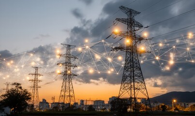 Power lines at dusk connected by glowing network; cityscape in background; for technology and energy concept; suitable for website banners, presentations, and educational materials