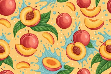 Fresh Peach and Plum Pattern with Splashing Juice