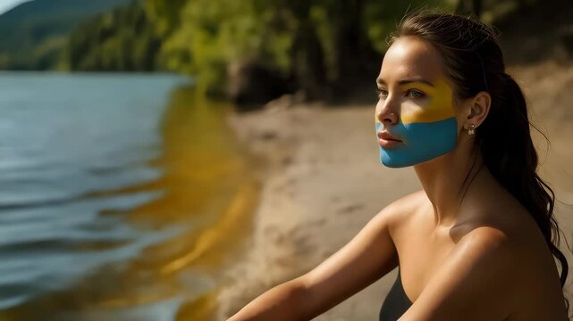 A young Ukrainian sad woman sits by the river, her face painted in national colors, lost in thought during a peaceful moment
