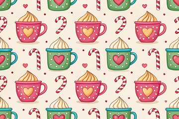 Cute Christmas Hot Chocolate Cups Seamless Pattern