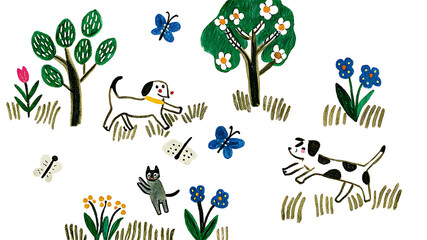 Happy pets playing joyfully in garden environment