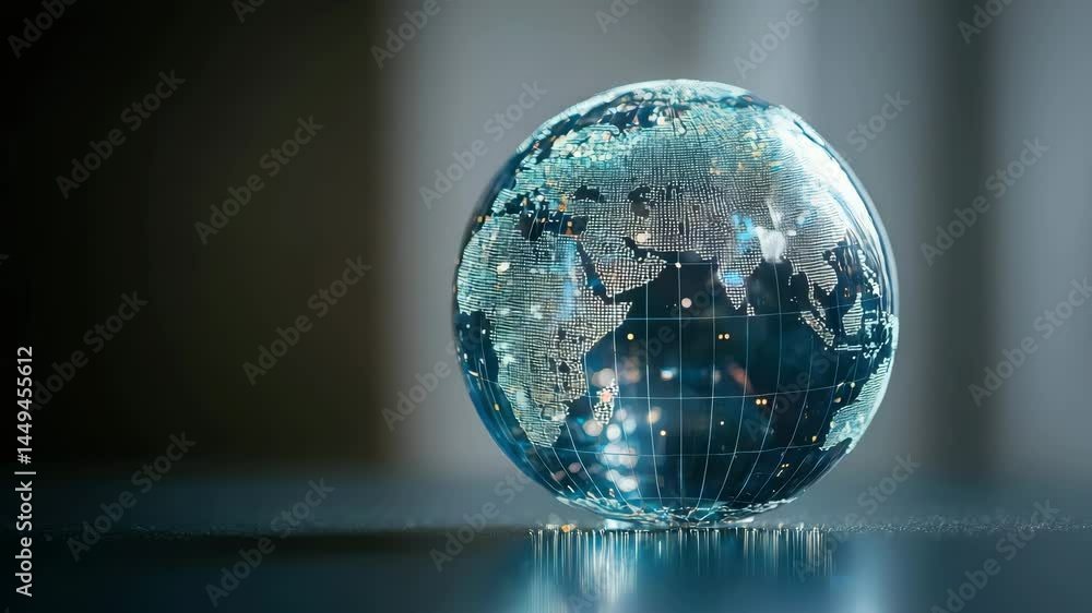 Poster a transparent digital globe with illuminated continents and data points sits on a reflective surface