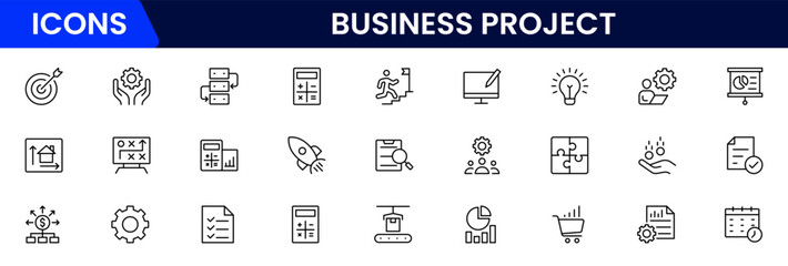 Business set of web icons in linear style. Business Project icons for web and mobile apps. Business, organisation management, planning, project, startup, marketing, teamwork. Vector illustration