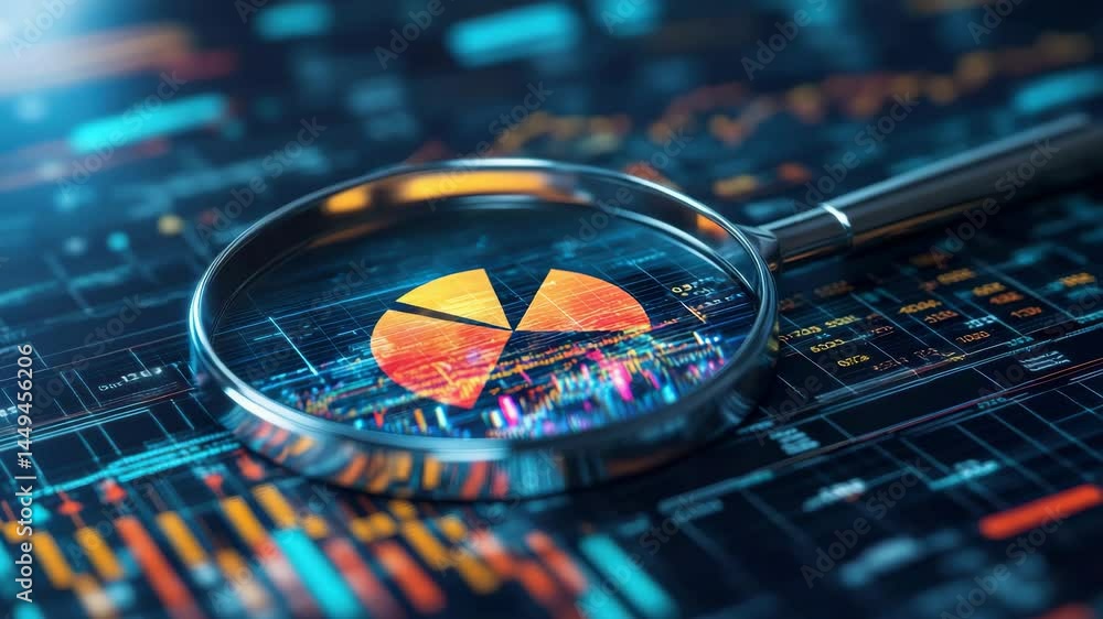 Poster a magnifying glass hovers over a digital pie chart and data analytics dashboard, emphasizing detaile