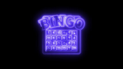 Glowing bingo card animation with neon light effect on black background